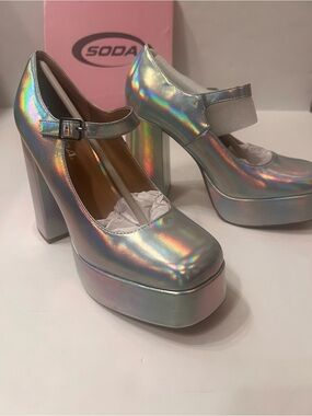 Holographic Silver Platform Mary Jane Pumps -Shiny Metallic Iridescent Maryjanes